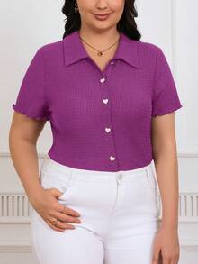 SHEIN Frenchy Áo thun trơn dáng rộng cài nút hình trái tim dành cho nữ - Màu đỏ tím - Xem 3