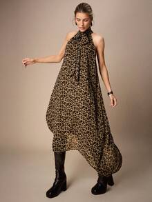 Maija Women's Leopard Print Halter Asymmetrical Hem Dress, Fashionable For Dates And Parties - Multicolor - View 3