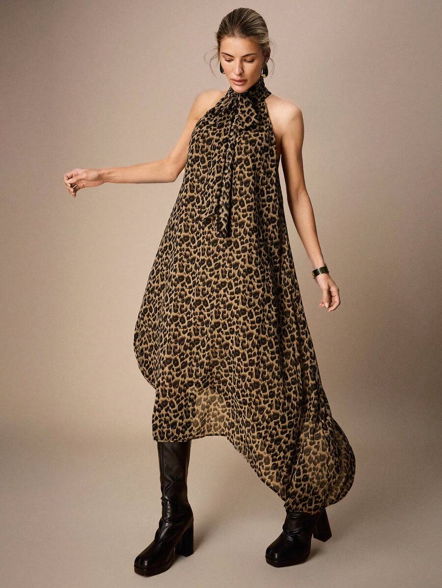 Maija 女士豹纹露背不对称下摆连衣裙，时尚百搭，适合约会和派对 - 彩色 - 查看 1