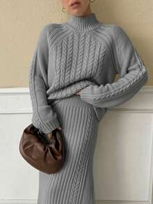 EURMUSE 2pcs Set Twisted Rib Knit Oversized Turtleneck Loose Sweater - Light Grey - View 6