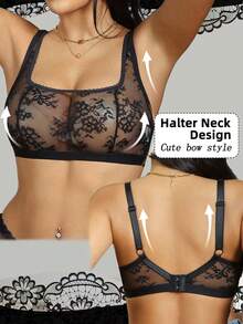 SHEIN 1pc Fashionable Sexy Sheer Lace Wireless Bra For Women - Black - View 1