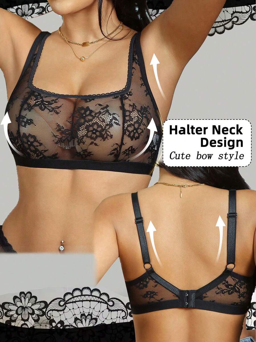 SHEIN 1pc Fashionable Sexy Sheer Lace Wireless Bra For Women - Black - View 1