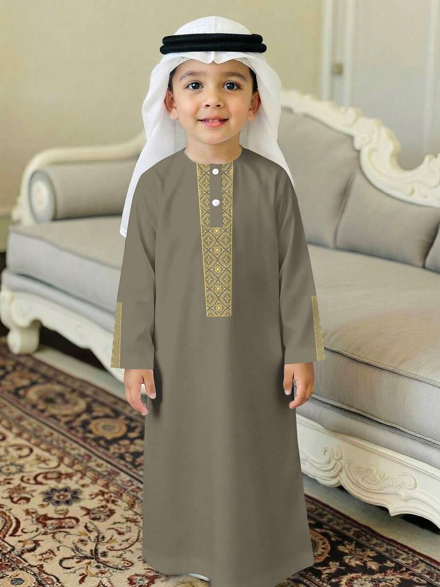 Young Boy Classic Retro Floral Print Round Neck Long Sleeve Shirt - White - View 1