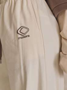 MUSERA Graphic Elasticated Tie Waist Straight Leg Joggers Summer, Sporty, Casual, Day, Streetstyle, Streetwear - Beige - View 2