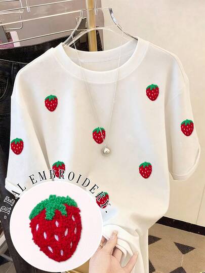 Resyla Women's Fashion Casual Drop Shoulder Round Neck T-Shirt, Strawberry Embroidered T-Shirt, Strawberry Towel Embroidered T-Shirt, Casual Comfortable Outdoor T-Shirt, All Season T-Shirt, Fruit T-Shirt