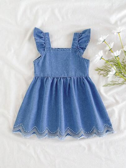 Đầm denim tay ngắn cổ vuông đơn giản màu trơn cho bé gái