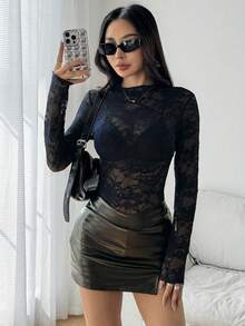 EgrlEra Women's Lace Elastic Peony Floral Sheer Sexy Blouse (Random Cut) - Navy Blue - View 1