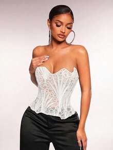 Radiana Elegantes, sexy einfarbiges Spitzen-Criss-Cross Bandeau-Top - Weiss - Übersicht 5