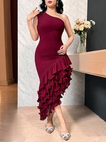 Feyla 女士纯色不对称肩部荷叶边下摆连衣裙 - 酒紅色 - 查看 4