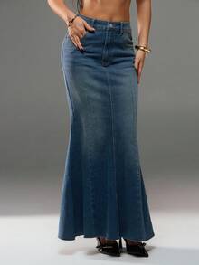 Avantive New Summer Low Waist Casual High Street Ladies Denim Maxi Mermaid Skirt - Dark Wash - View 6