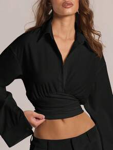 MUSERA 女士束腰长袖V领纽扣衬衫，适合节日、假日、派对、春夏复活节穿着。 - 黑色 - 查看 6