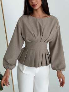 Aloruh Minimalistyczny strój biurowy w kolorze khaki, koszula damska z okrągłym dekoltem i długim rękawem, plisowana w talii, jesień/zima, nowość - Kolor khaki - Zobacz 4