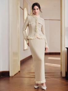 Anewsta 女士荷叶边拼接优雅上衣和半裙两件套 - 杏色 - 查看 7