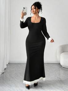 SHEIN Elenzya 大码女式撞色方领长袖修身优雅连衣裙 - 黑色 - 查看 3