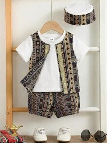 SHEIN 4件套幼儿男童休闲优雅撞色拼接复古印花背心外套、白色短袖T恤、针织衫、灯笼裤短裤、帽子多件套服装，适合春夏穿着，休闲可爱，节日庆典适用。 - 彩色 - 查看 5