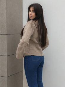 Hitanina 女士新款深V皮革扣羊毛大衣，秋冬 - 摩卡棕 - 查看 2