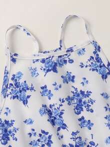 SHEIN Tween Girl Backless Floral Print Sleeveless Vacation Dress - Baby Blue - View 3