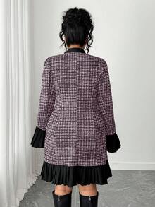 Elenzga Plus Size Plaid Flared Sleeve Belted Front Button Fitted Dress - Pink - View 2