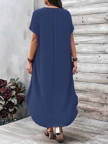 EMERY ROSE Rochie de seară minimalistă cu decolteu în V, cu mânecă scurtă, mărime plus, culoare solidă, stil casual, ținută de zi cu zi - Albastru - Vizualizare 2