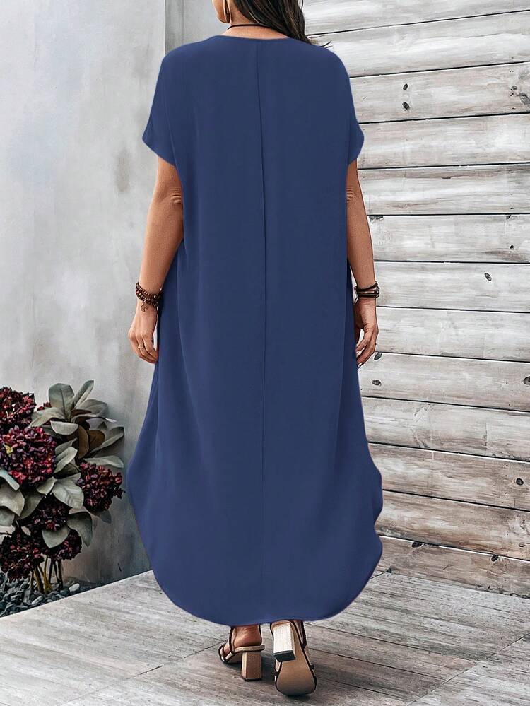 Plus Size Solid Color Minimalist V-Neck Short Sleeve Dress, Casual Everyday Wear