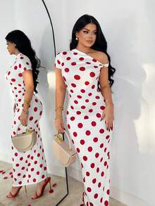 SHEIN SXY 女士波点优雅收腰不对称露肩长连衣裙，适合约会和派对穿着 - 彩色 - 查看 7