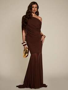 SHEIN BAE 女士纯色褶皱不对称下摆修身连衣裙 - 棕色 - 查看 3