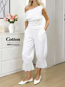 Easowa White Pants Set For Women Summer Pants Sets For Women Capri Pants Set White Pants Valentine Clothes Vacation Outfits Women Cotton Pants - White - View 2