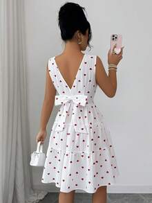 Rafferiza 心形印花优雅圆领无袖蛋糕裙，饰有蝴蝶结，白色连衣裙，适合情人节穿着。 - 白色 - 查看 2