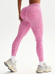 Dewbera 1pc Women's Seamless Sexy Leopard Print Tight High Elastic V-Waist Leggings For Running, Fitness, Cycling, Base Layer - Hot Pink - View 4