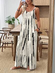 EMERY ROSE Women's Beige Tie-Dye Wide-Leg Jumpsuit, Vacation Beach Cruise Boho Music Festival Concert Wedding Guest City Trip Island Wear, Summer Outerwear Sleeveless Overalls Country Music Concert Outfit Spring - Multicolor - View 7