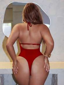 Swim SXY 大码女士新款连体泳衣，优雅数码定位印花，性感深V领，高端金属配件，可拆卸胸垫，颈肩带设计，丁字裤底，休闲时尚沙滩度假泳装 - 紅色 - 查看 2