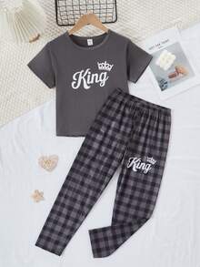 男童休闲文字格子印花短袖上衣和裤子睡衣套装 - 深灰色 - 查看 7