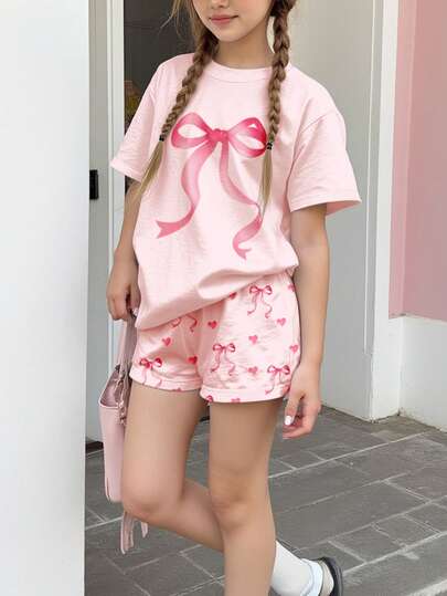 2pcs/Set Tween Girls' Casual Minimalist Heart & Bow Print Short Sleeve Round Neck T-Shirt And Shorts Set, Suitable For Spring/Summer Daily Wear, Home, School