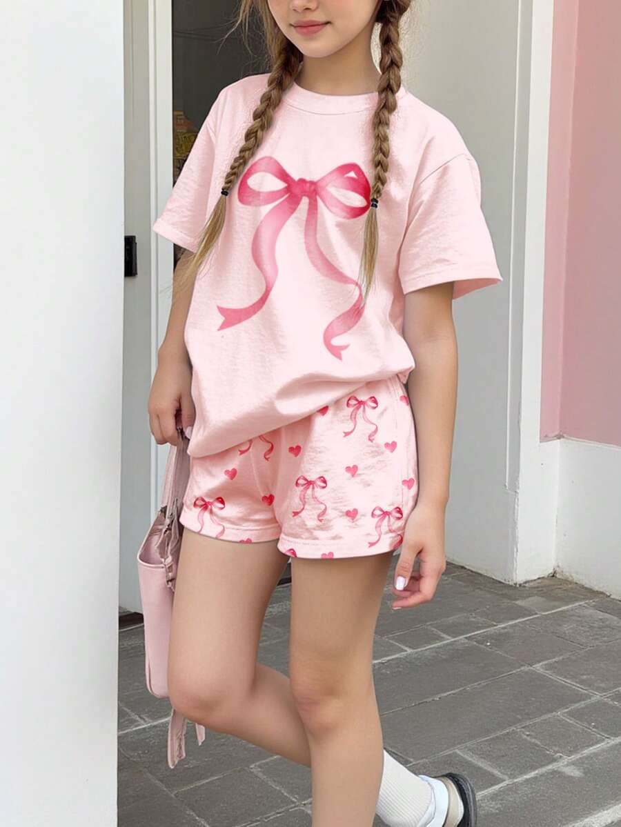 2pcs/Set Tween Girls' Casual Minimalist Heart & Bow Print Short Sleeve Round Neck T-Shirt And Shorts Set, Suitable For Spring/Summer Daily Wear, Home, School - Multicolor - View 1