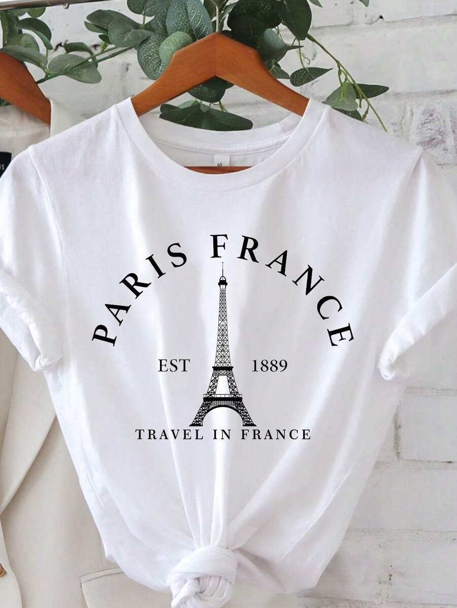 SHEIN Essnce 巴黎法国 T 恤，法国旅游 T 恤，埃菲尔铁塔 T 恤，巴黎爱好者的礼物，巴黎度假 T 恤，法国纪念品 T 恤，巴黎 T 恤，休闲宽松巴黎埃菲尔铁塔印花短袖女士 T 恤，夏季巴黎法国 EST 1889 法国旅游 - 白色 - 查看 1
