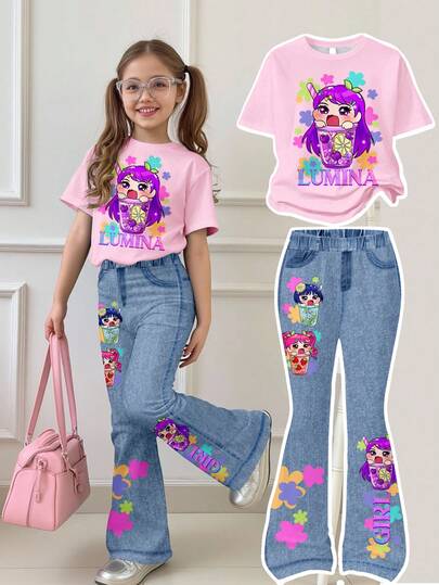 2pcs Tween Girls' Casual Cartoon Print Short Sleeve Top And Pants Set, Suitable For Summer
