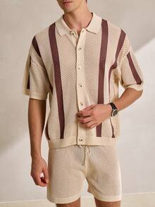 Manfinity Homme 男士条纹图案纽扣前开襟短袖上衣和短裤针织衫套装 - 彩色 - 查看 3