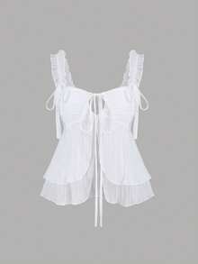 SHEIN Sweetro Áo hai dây không tay màu trắng lãng mạn dành cho nữ, viền ren xếp nếp, eo ôm sát, vạt áo bất đối xứng, thích hợp cho mùa xuân/hè. - trắng - Xem 1