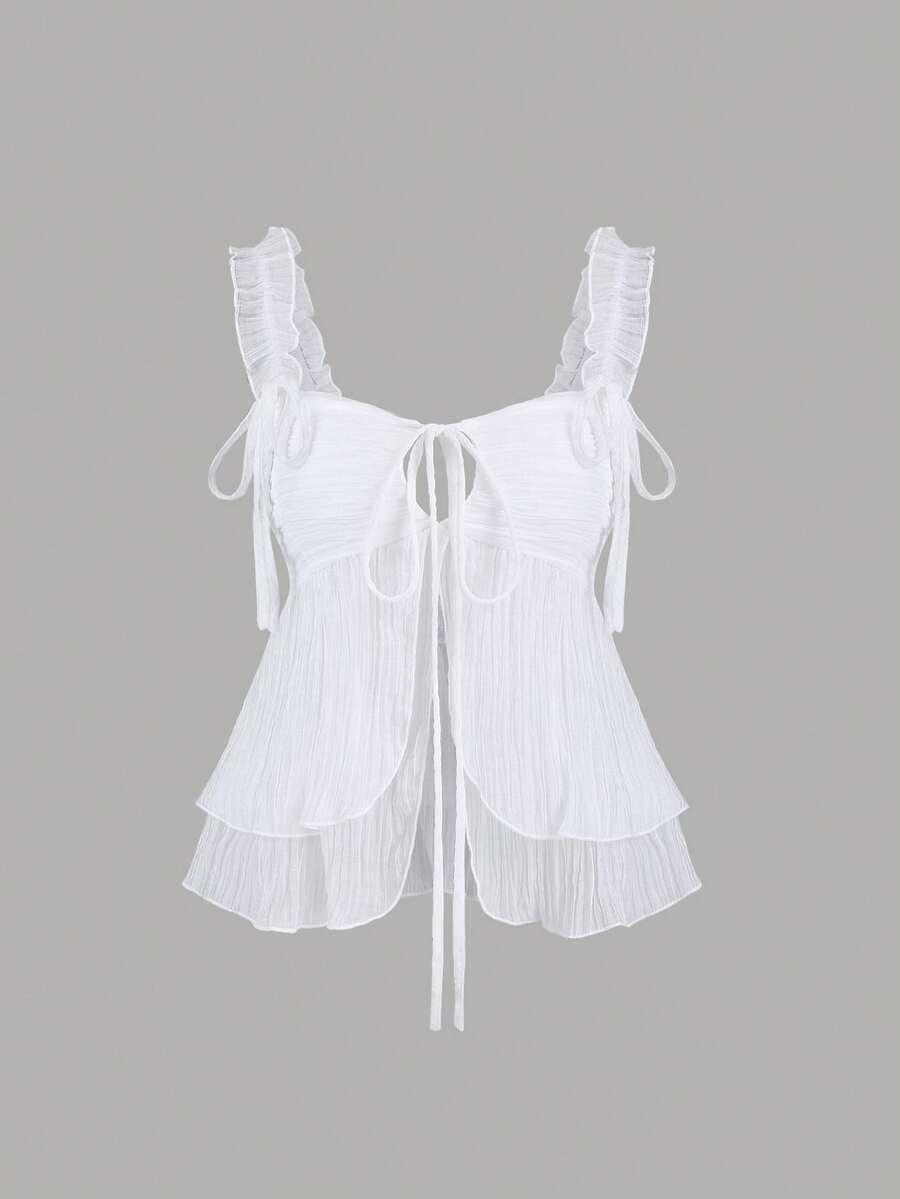 SHEIN Sweetro Áo hai dây không tay màu trắng lãng mạn dành cho nữ, viền ren xếp nếp, eo ôm sát, vạt áo bất đối xứng, thích hợp cho mùa xuân/hè. - trắng - Xem 1