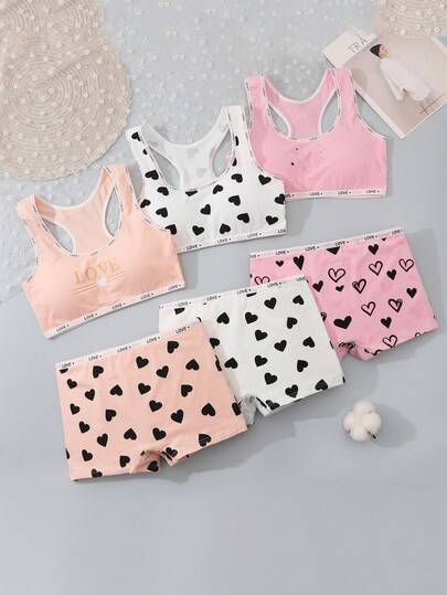 6st/set Tonårsflickor Flerfärgad Vit Rosa Orange BH Top + Love Print Band Camisole + Trosor Underkläder Set