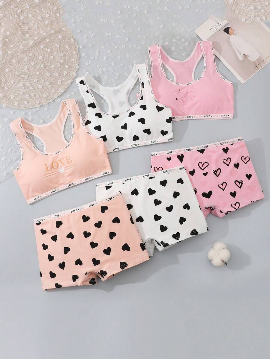 Set de 6 piezas de lencería para adolescentes con sujetador de colores variados (blanco, rosa, naranja), camiseta de tirantes con estampado de amor y bragas tipo panty - Multicolor - Ver 1