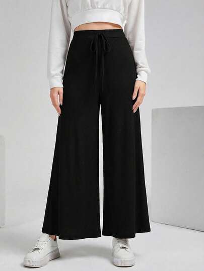 Mulvari Pantalon large décontracté de couleur unie pour femmes