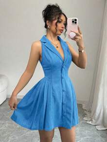 Elenzga Vestido mini elegante de mujer de unicolor con botones delanteros y sin mangas - Celeste - Ver 7