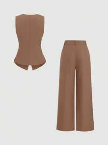 Sweetra Women's Casual/Office Commute Minimalist Solid Color Single-Breasted Vest And Pleated Wide Leg Pants Suit - Brown - View 2
