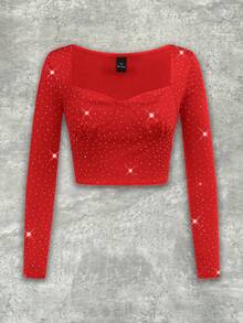 Y2Kool BiGraphic Red Rhinestone Embellished Y2K Streetwear Cropped Long Sleeve Top, Suitable For Autumn/Winter Parties, Gatherings And Daily Wear Glittery Crop Top Bling Crop Top Red Rave Crop Top Black Sparkly Crop Top Stylish Clothing Collection New Year Outfits Rhinestone Top Rave Top Glittery Top Sparkly Top Bling Top Gyaru Graphic Tops - Red - View 1