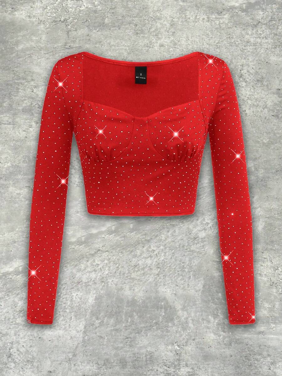 Y2Kool BiGraphic Red Rhinestone Embellished Y2K Streetwear Cropped Long Sleeve Top, Suitable For Autumn/Winter Parties, Gatherings And Daily Wear Glittery Crop Top Bling Crop Top Red Rave Crop Top Black Sparkly Crop Top Stylish Clothing Collection New Year Outfits Rhinestone Top Rave Top Glittery Top Sparkly Top Bling Top Gyaru Graphic Tops - Red - View 1
