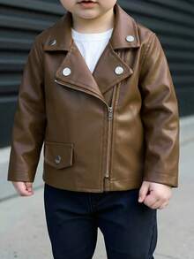 SHEIN Playful Pals 1pc Toddler Boys' Casual Chic Black Faux Leather Jacket, Spring/Autumn - Coffee Brown - View 8