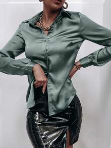 SHEIN Clasi 1 chiếc áo sơ mi nữ dài tay, màu trơn, cài cúc phía trước, kiểu dáng thanh lịch, thích hợp cho công sở. - Màu xanh bụi bặm - Xem 6