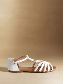 Rosivie Summer New White Woven Roman Sandals Women, White Hollow Flats, Retro Fashion Vacation Style - White - View 2