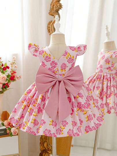 Glamorique Kids Girls Floral Print V-Back Satin Dress With 3D Bow, Elegant Puffy Princess Party Dress For Flower Girl, Wedding, Banquet